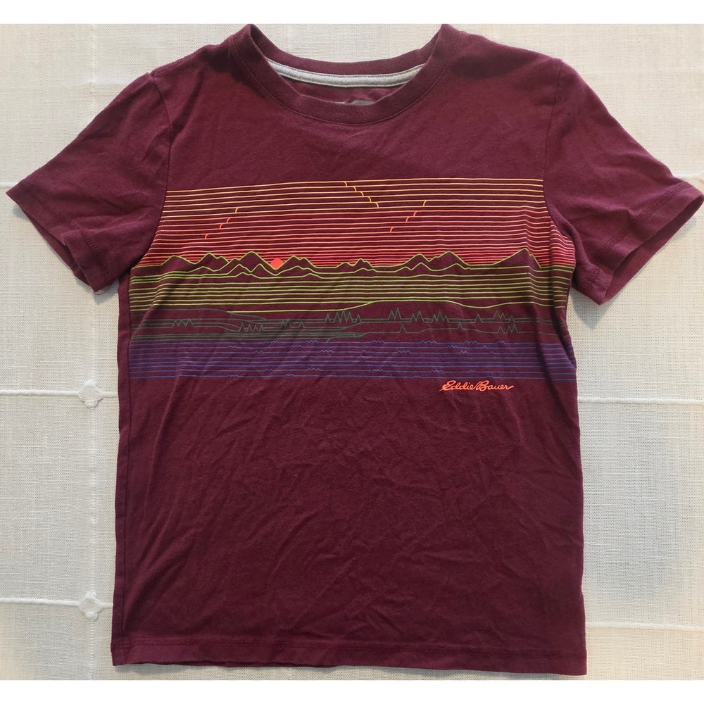 Eddie Bauer Kids Small 7/8 Burgundy Mountain Sunset Graphic Tee Short Sleeve